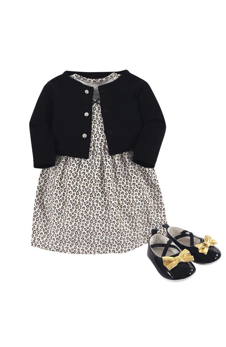 Little Treasure Cotton Dress, Cardigan & Shoe Set, Main, color, Leopard