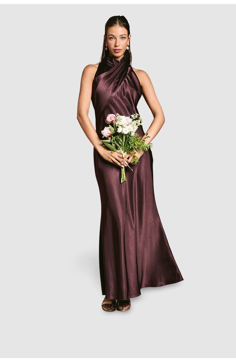Coast Satin High Neck Fishtail Maxi Dress, Main, color, Espresso