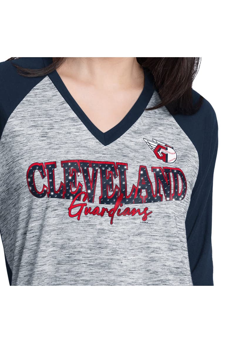 Women's G-III 4Her by Carl Banks Navy/Heather Navy Cleveland Guardians Speed Training 3/4-Sleeve Rhinestone V-Neck T-Shirt, Alternate, color, Navy