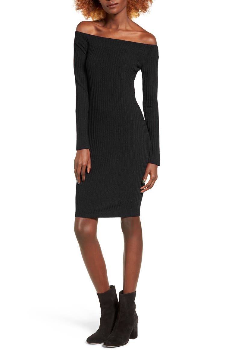 Off the Shoulder Rib Knit Dress, Main, color, BLACK