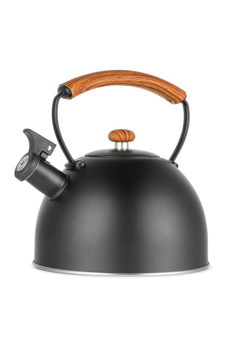 Megachef 3.2 Quart Whistling Tea Kettle with Wood Grain Nylon Cool Touch Handle, Matte Black, Main, color, Matte Black