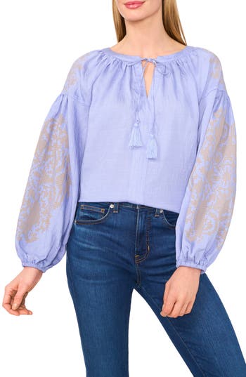 Cece Embroidered Balloon Sleeve Top In Rain Washed