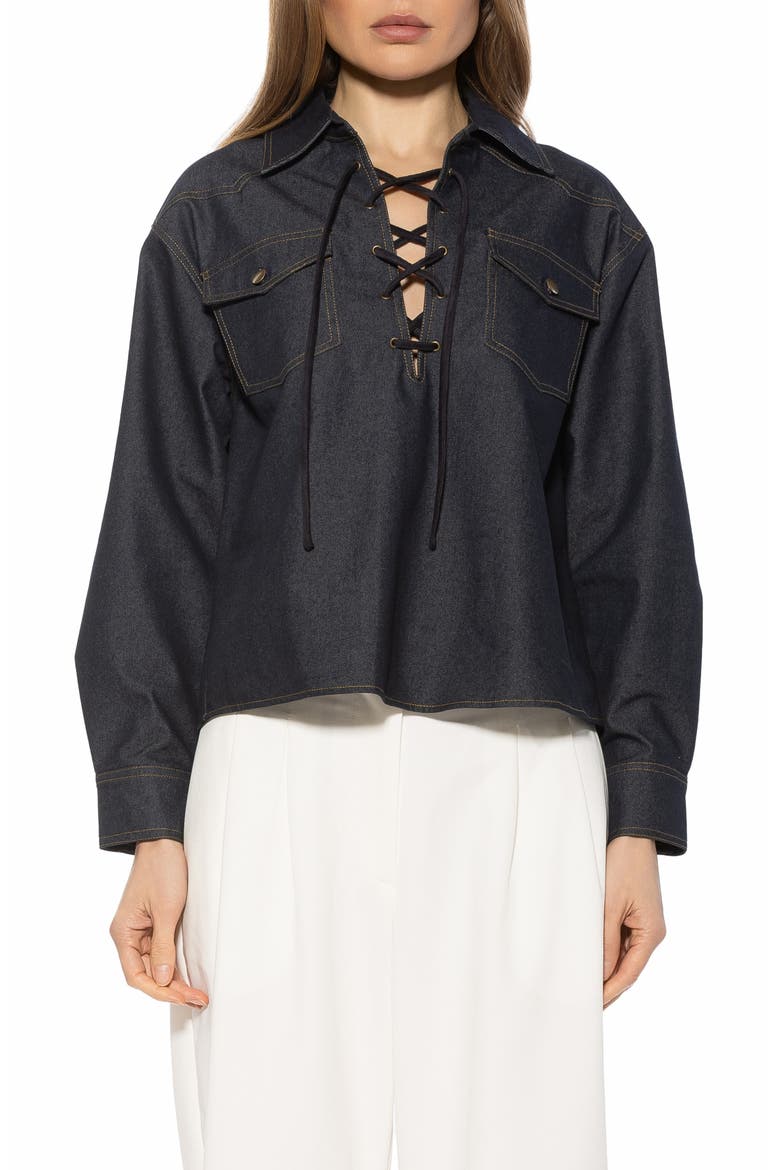 Thalina Lace-Up Western Shirt, Main, color, DARK DENIM