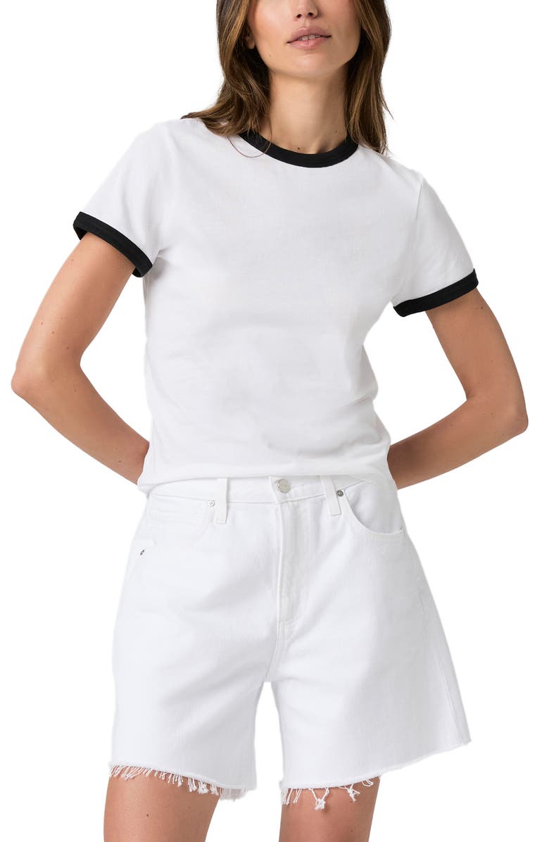 PAIGE Archie Raw Hem High Waist Mid Thigh Denim Shorts, Alternate, color, Laundrdwht