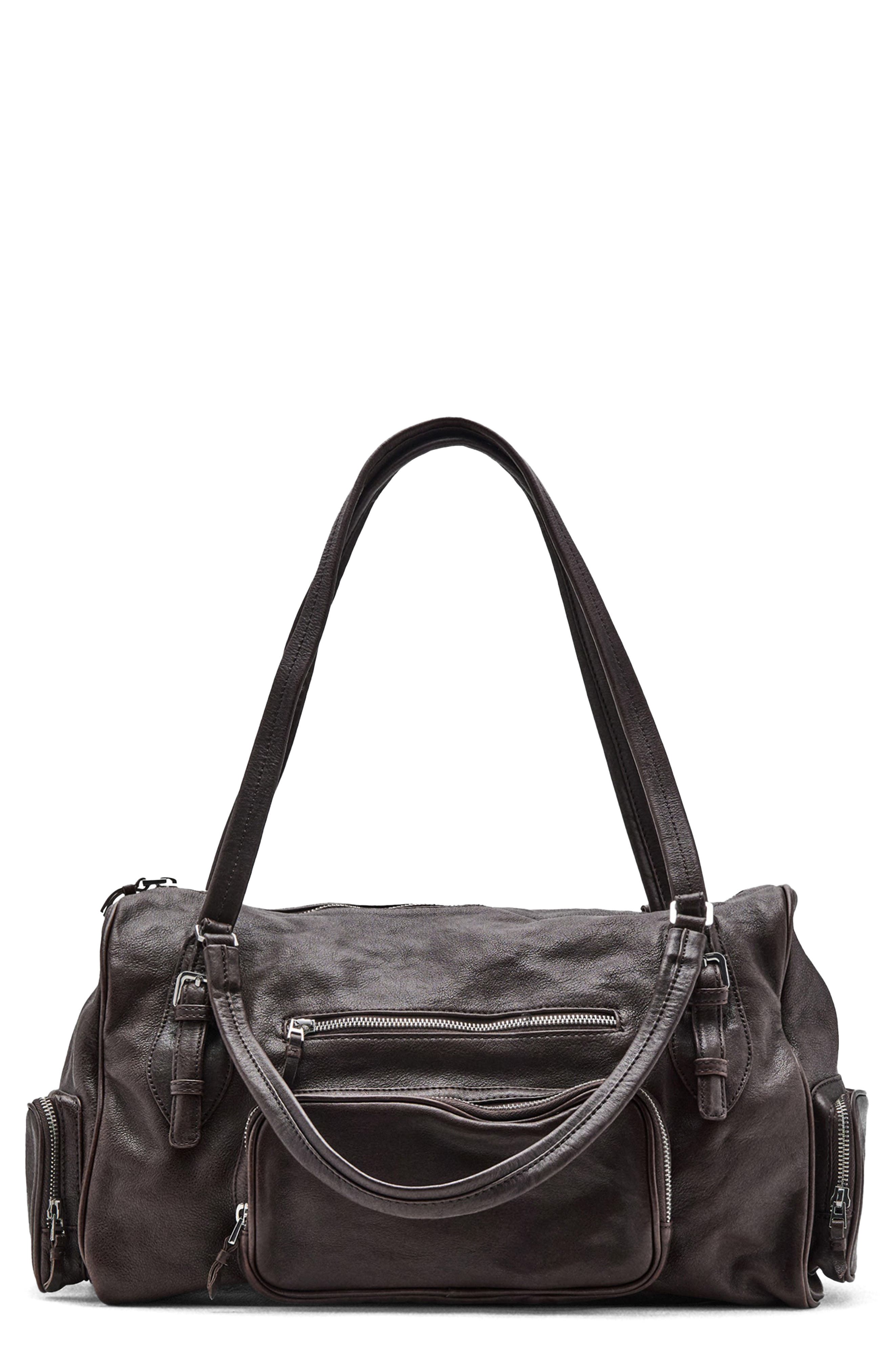 MANGO Large Leather Bowling Bag, Main, color, Chocolate