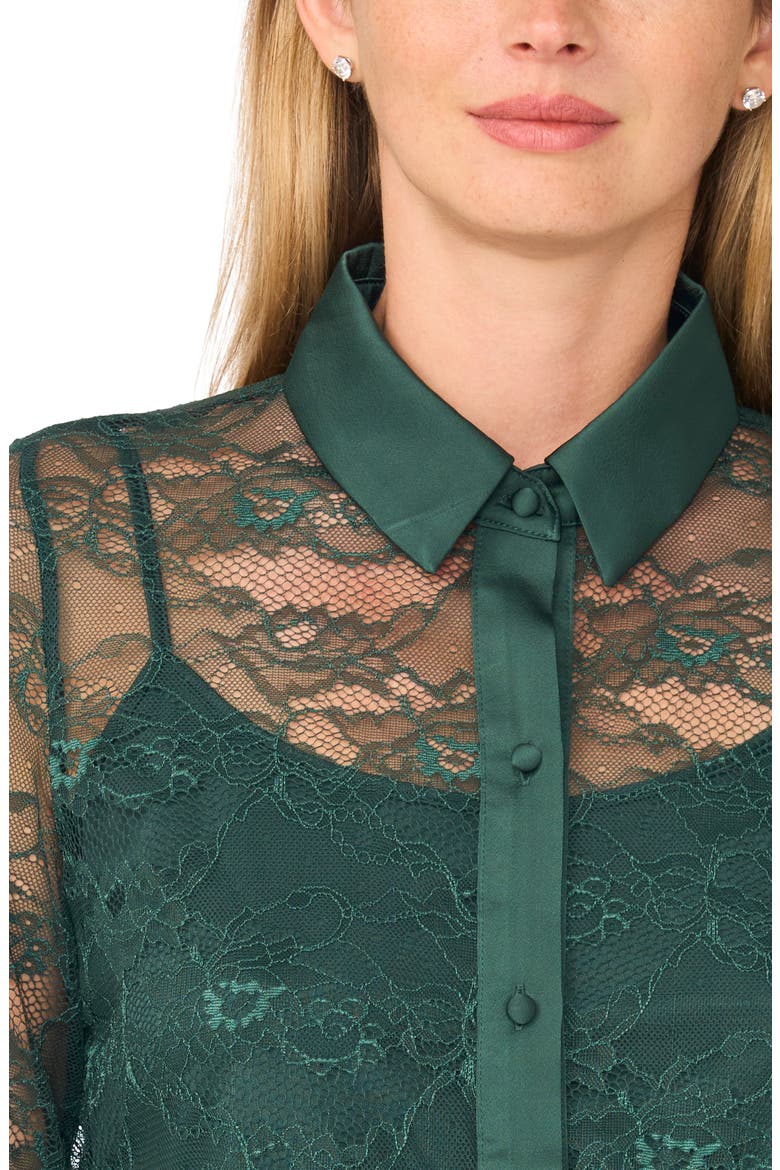 Lace Button Down Shirt with Satin Trim, Alternate, color, MIDNIGHT PINE
