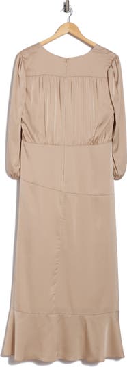 Three-Quarter Sleeve Faux Wrap Midi Dress