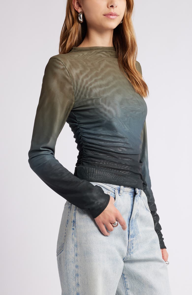 Open Edit Ruched Mock Neck Mesh Top, Alternate, color,