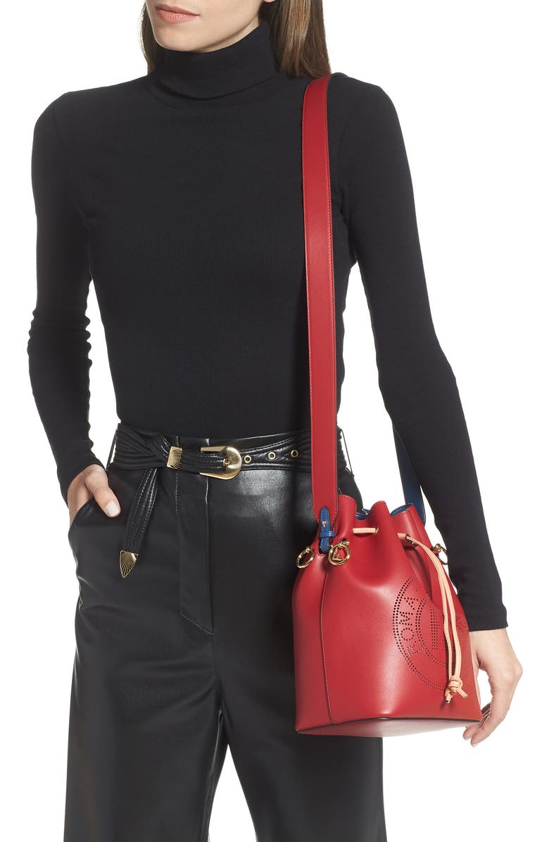 Fendi Mon Tresor Perforated Logo Leather Bucket Bag, Alternate, color,