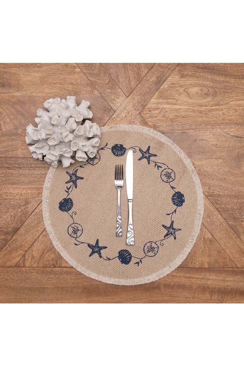 Fringed Blue Shell Printed Round Set of 6 Placemats 15", Alternate, color, Beige