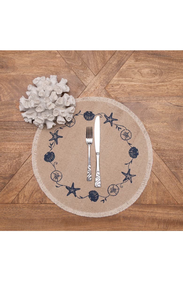 C&F Home Fringed Blue Shell Printed Round Set of 6 Placemats 15", Alternate, color, Beige