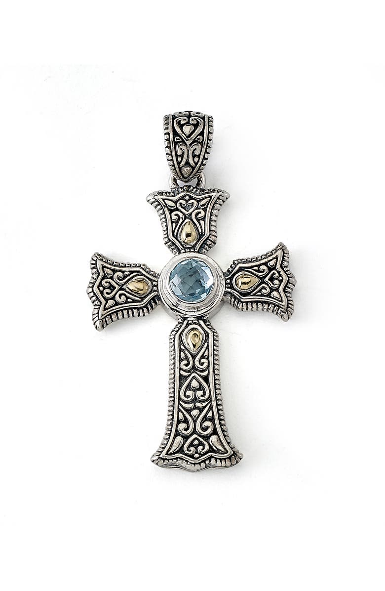 SAMUEL B. Sterling Silver & 18K Gold Semiprecious Stone Cross Pendant, Main, color, Blue Topaz