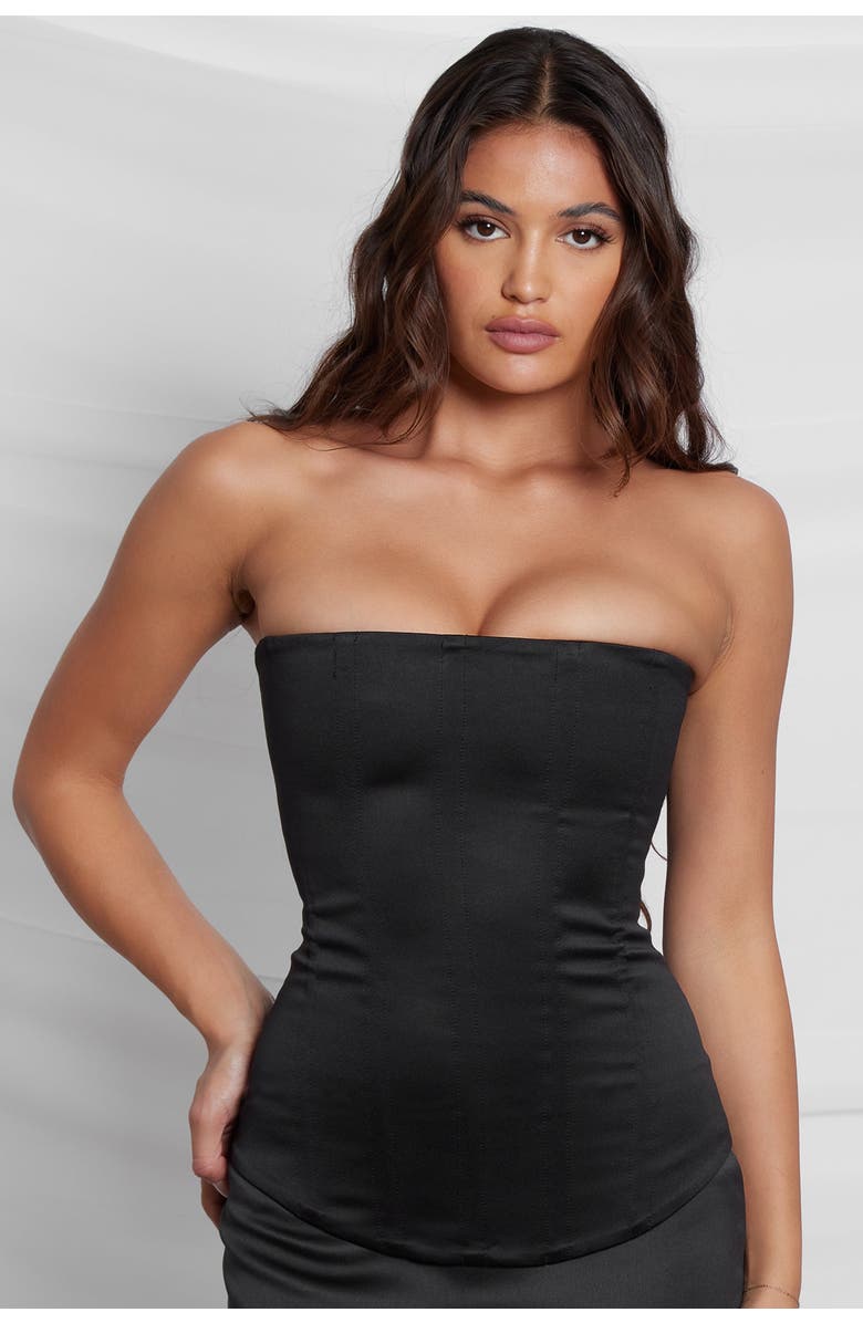 LEAU Sphynx Satin Corset Top, Alternate, color, Black