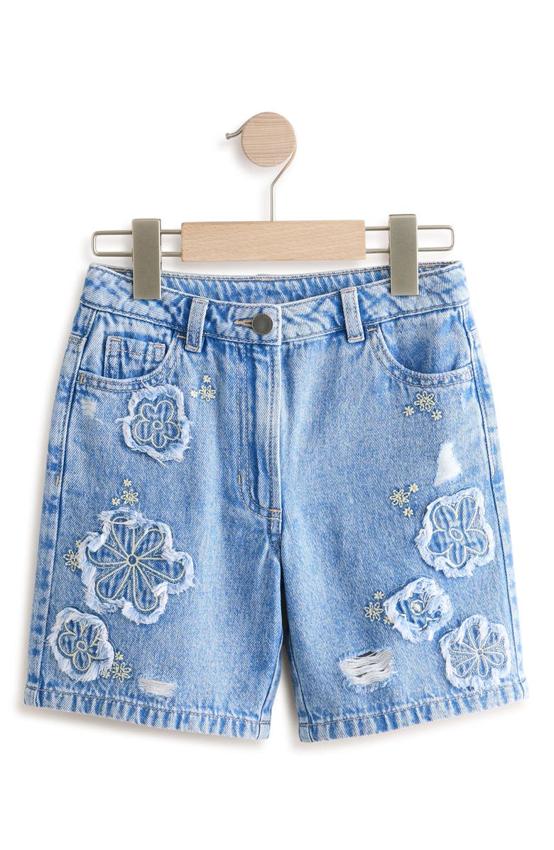 NEXT Kids' Flower Embroidered Denim Shorts, Main, color, Blue