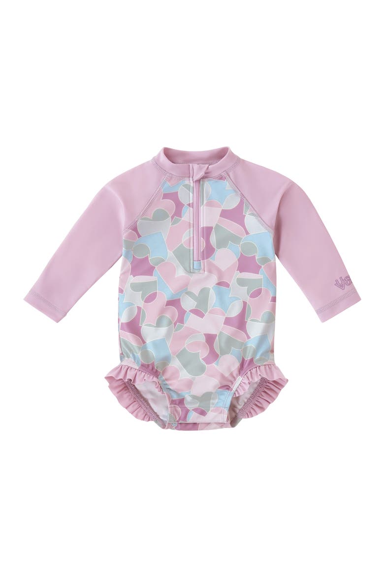 Long Sleeve Ruffle Legged Swim Suit, Main, color, Puzzle Hearts