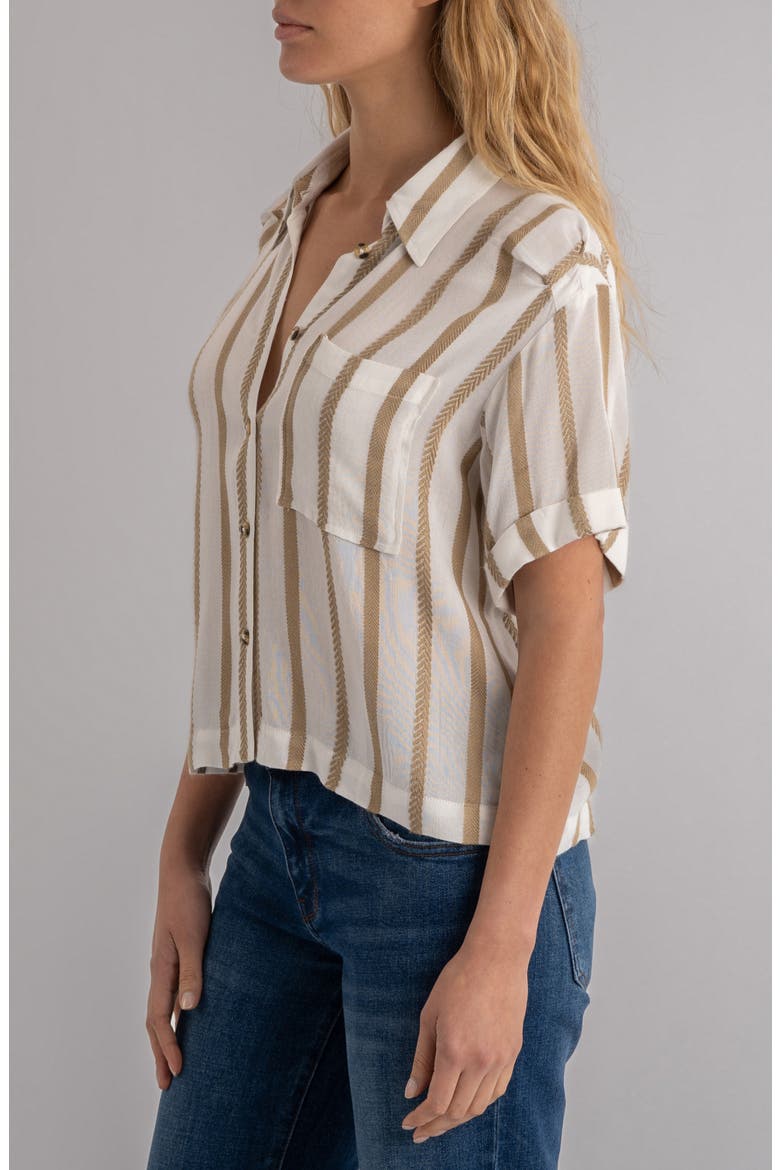Aida Stripe Cotton Button-Up Top, Alternate, color, GOLDEN/OFF WHIT