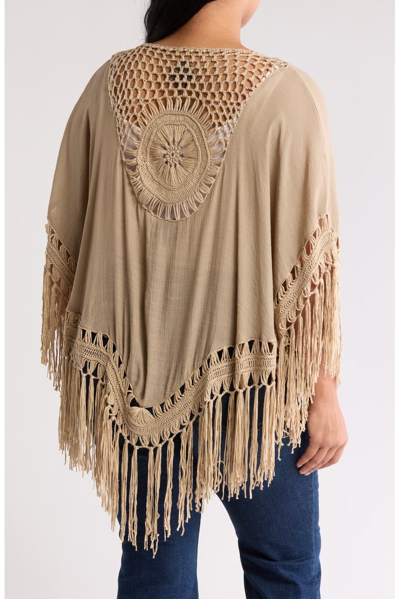 Open Knit Fringe Trim Ruana, Alternate, color, DARK TAUPE
