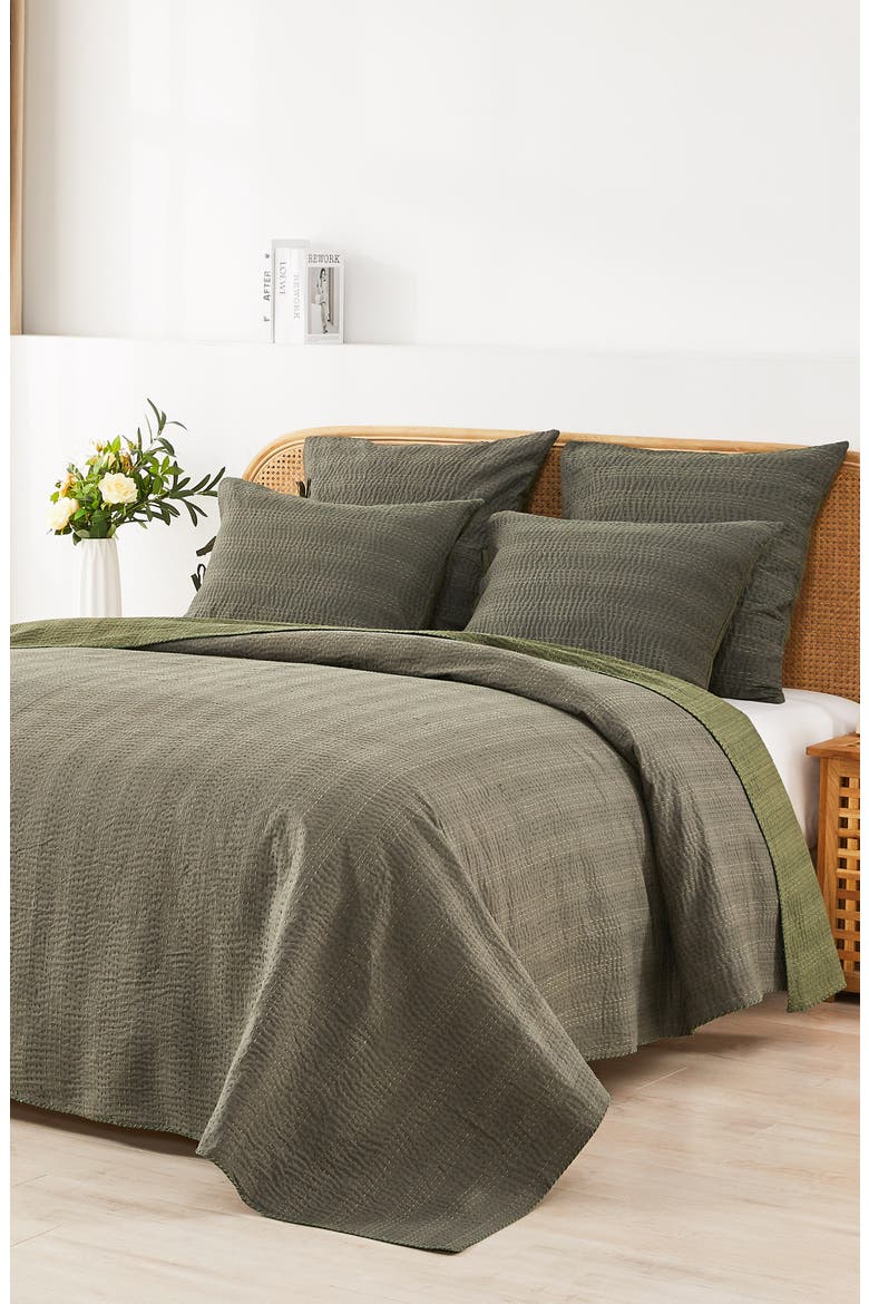 Kantha Reversible Cotton Coverlet, Alternate, color, FOREST AND OLIVE