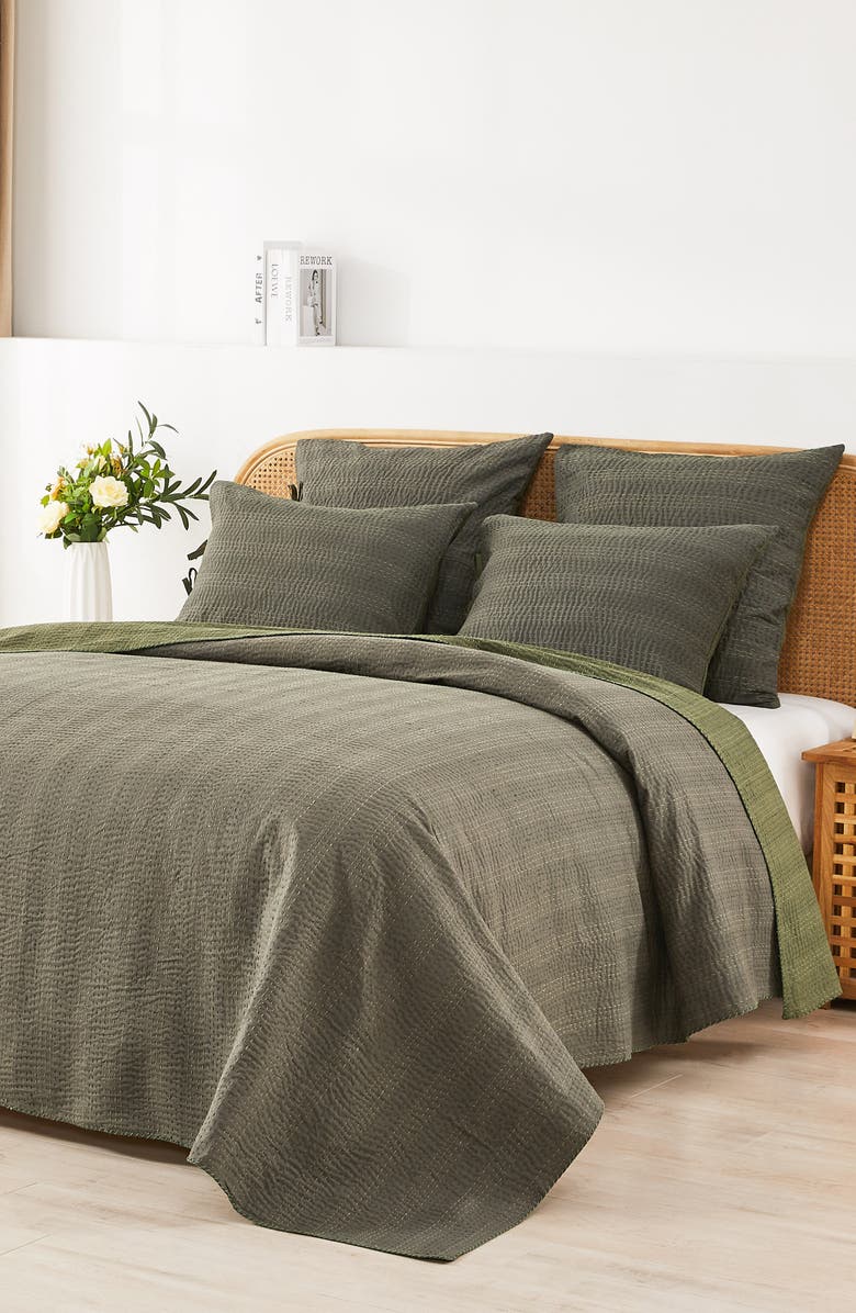 MELANGE HOME Kantha Reversible Cotton Coverlet, Alternate, color, Forest And Olive