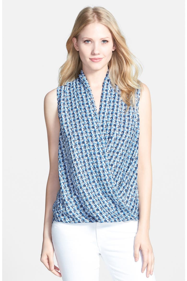 Sleeveless Faux Wrap Blouse, Main, color, BLUE/ BLACK BRUSH PRINT