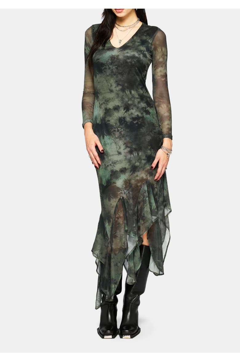 Nova Mesh Long Sleeve Tie Dye Maxi Dress, Main, color, Green