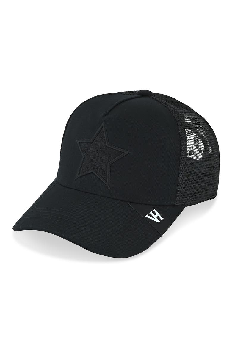 Embroidered Star Mesh Panel Trucker Hat, Alternate, color, BLACK