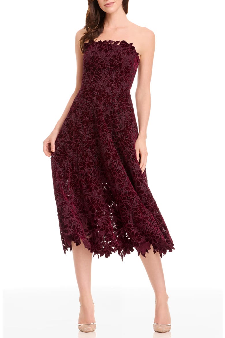 Kailyn Velvet Floral Lace Strapless Cocktail Dress, Main, color, OXBLOOD