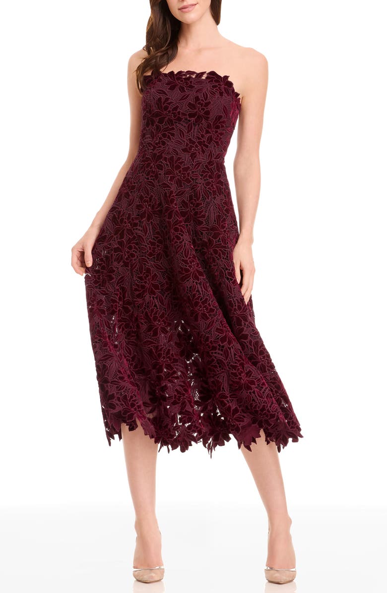 Dress the Population Kailyn Velvet Floral Lace Strapless Cocktail Dress, Main, color, Oxblood