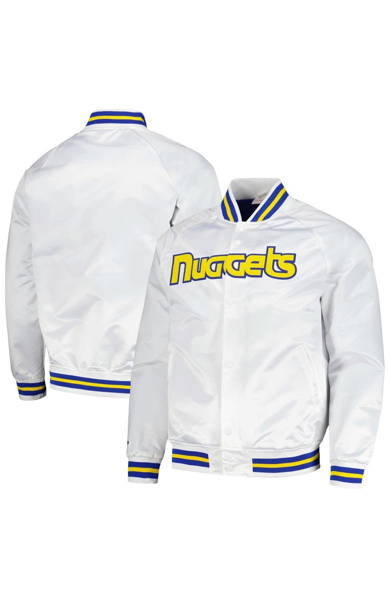 Mitchell & Ness Men's Mitchell & Ness White Denver Nuggets Hardwood Classics Throwback Wordmark Raglan Full-Snap Jacket, Main, color,