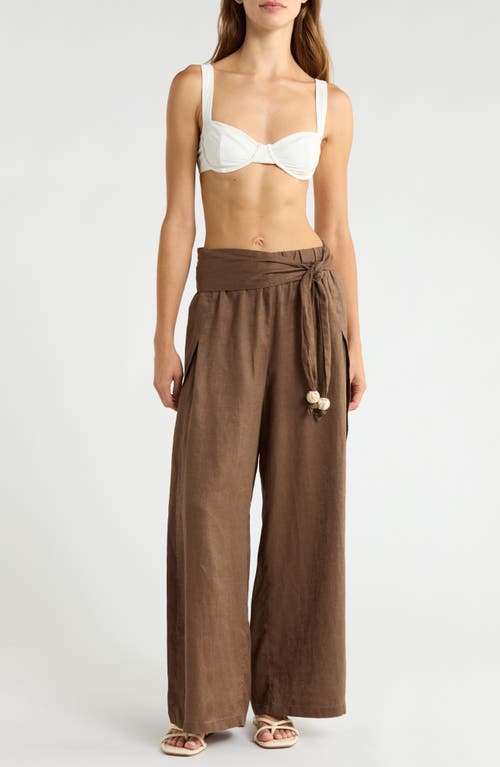 Elan Tie Side Linen Cover-up Pants In Brown
