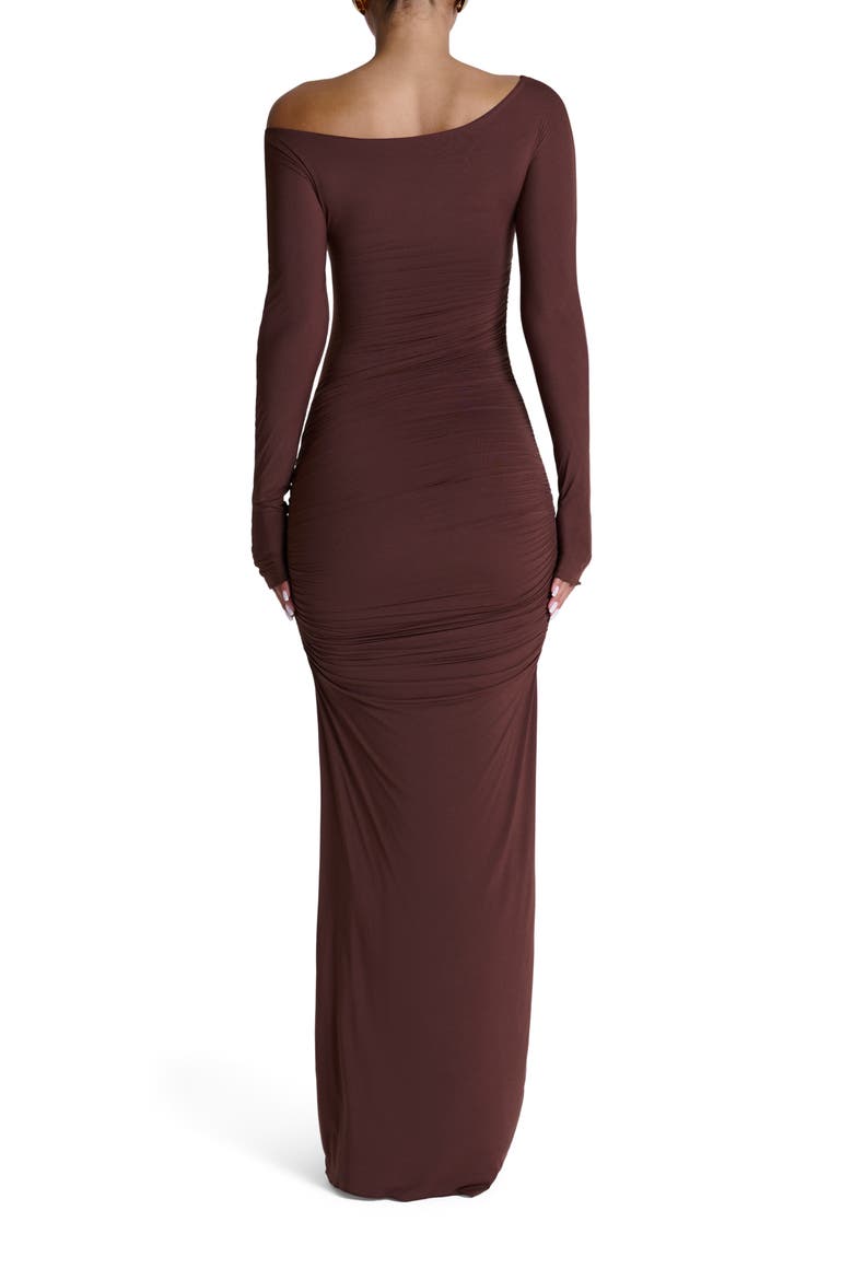 Ruched Off the Shoulder Long Sleeve Maxi Dress, Alternate, color, CHOCOLATE
