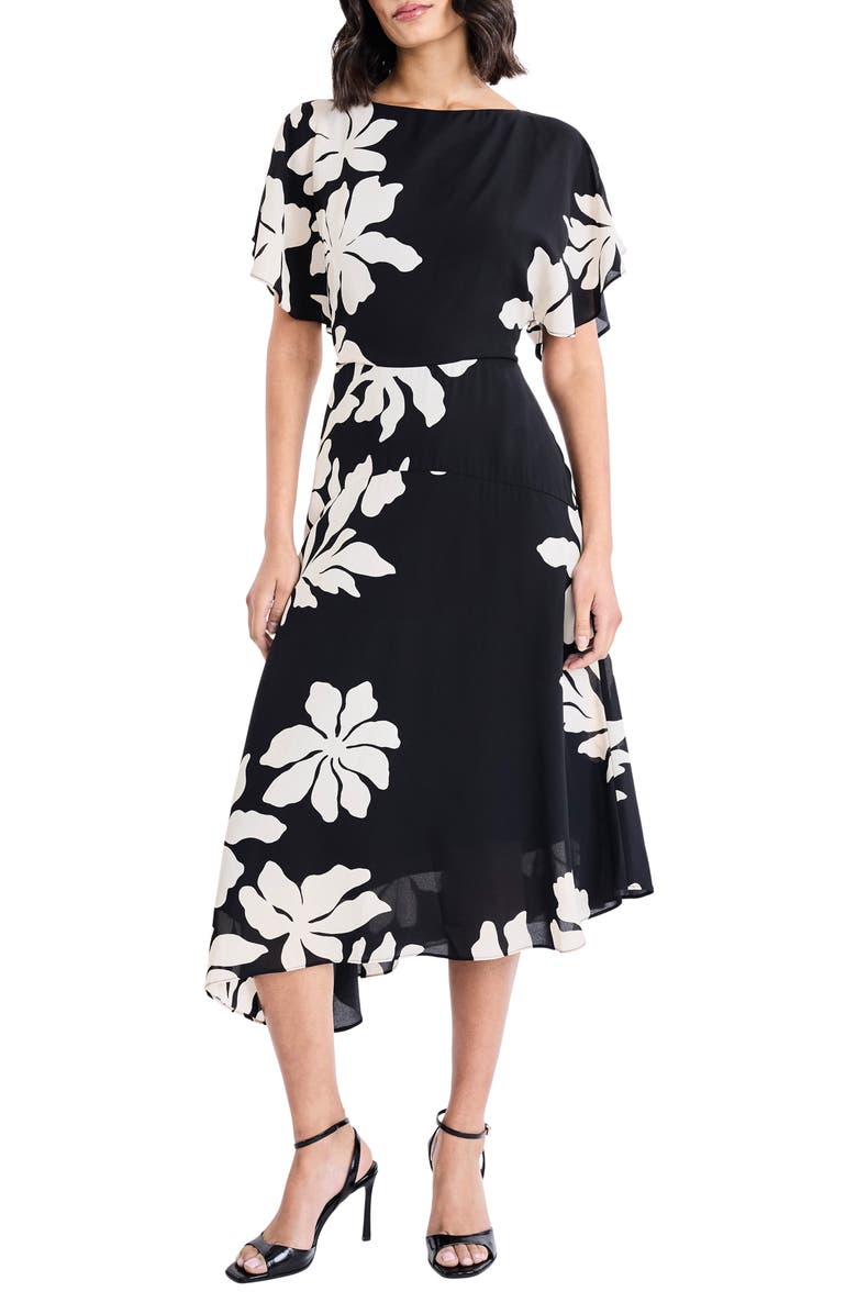 Maggy London Floral Asymmetric Midi Dress, Main, color, Black/ Cream