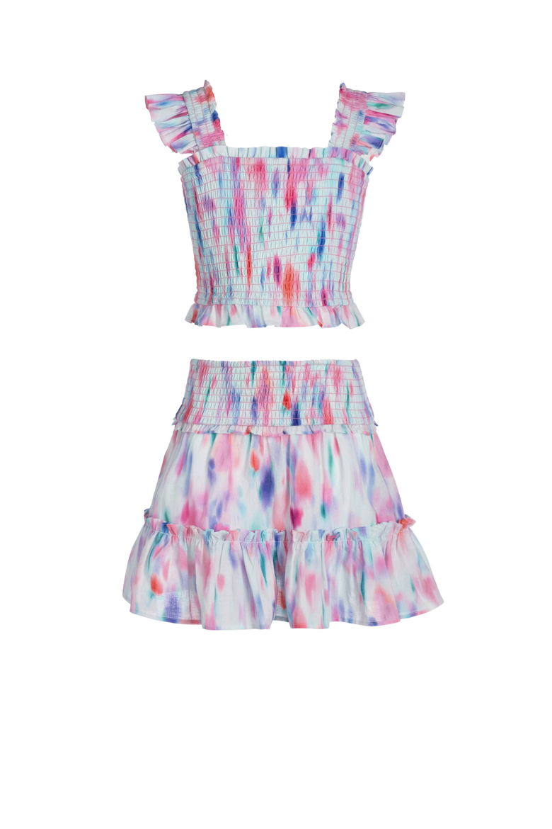 Kayla Smocked Bodice Top & Ruffle Skirt Set (Toddler, Little Kids, Big Kid)), Main, color, Hazy Ikat Seafoam