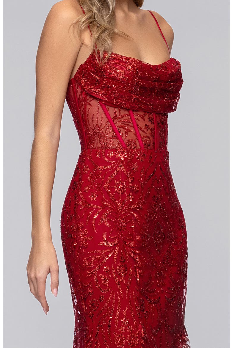 Glitter Corset Sleeveless Gown, Alternate, color, RED