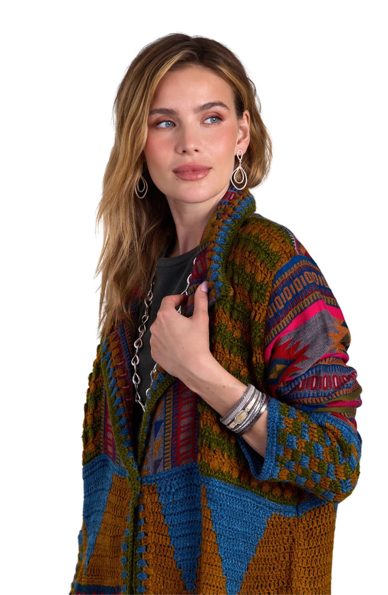 SAACHI Geometric Crochet Longline Cardigan, Alternate, color, Green