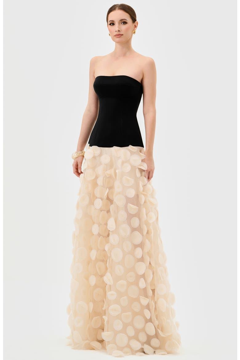Avenna Strapless Petal Gown, Main, color, BLACK WHITE