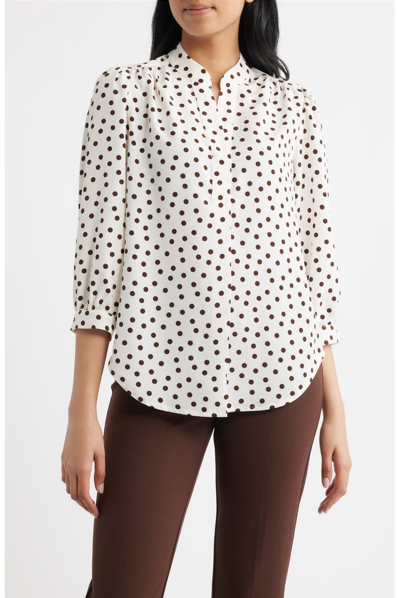 Polka Dot Split Neck Crêpe de Chine Top, Main, color, WHITE DOVE/ CHOCOLATE