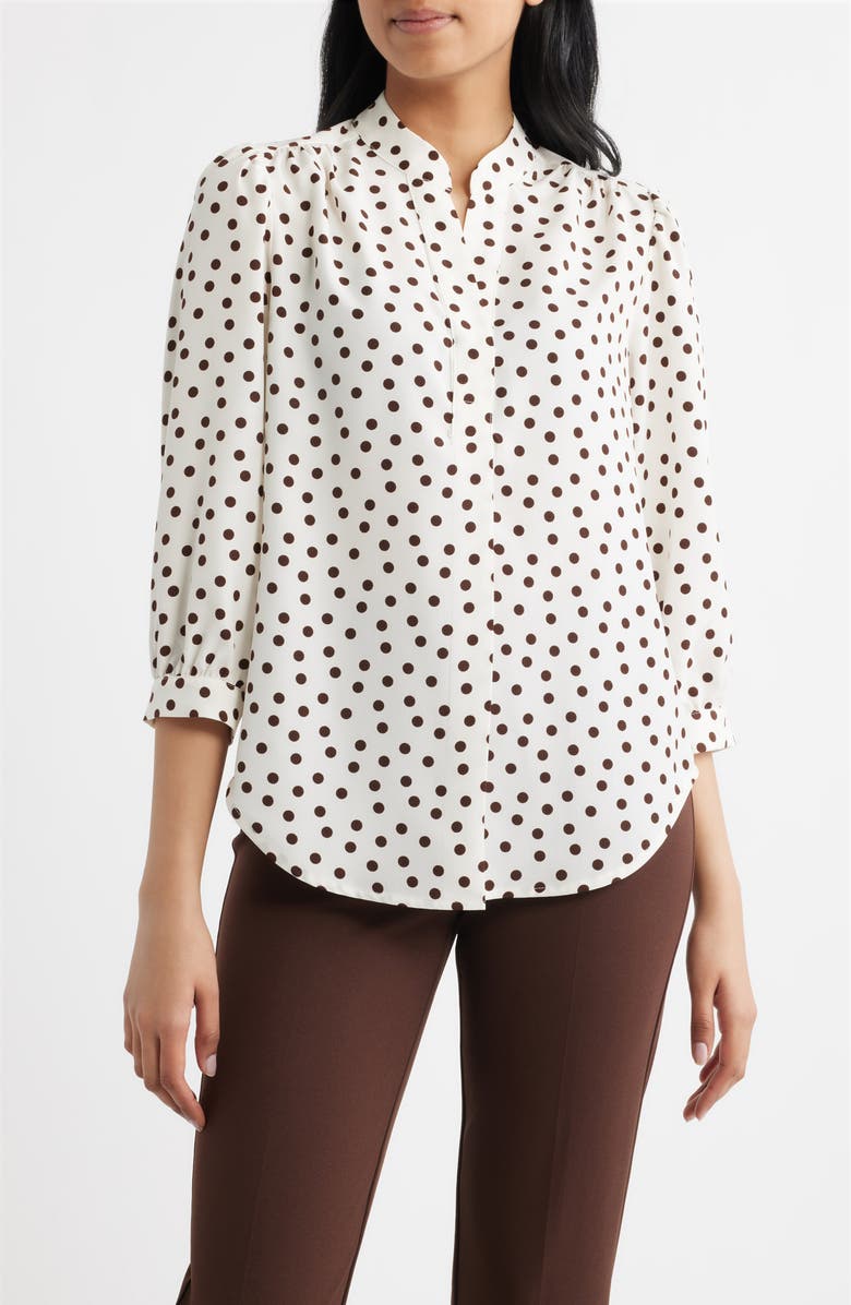 Anne Klein Polka Dot Split Neck Crêpe de Chine Top, Main, color, White Dove/ Chocolate