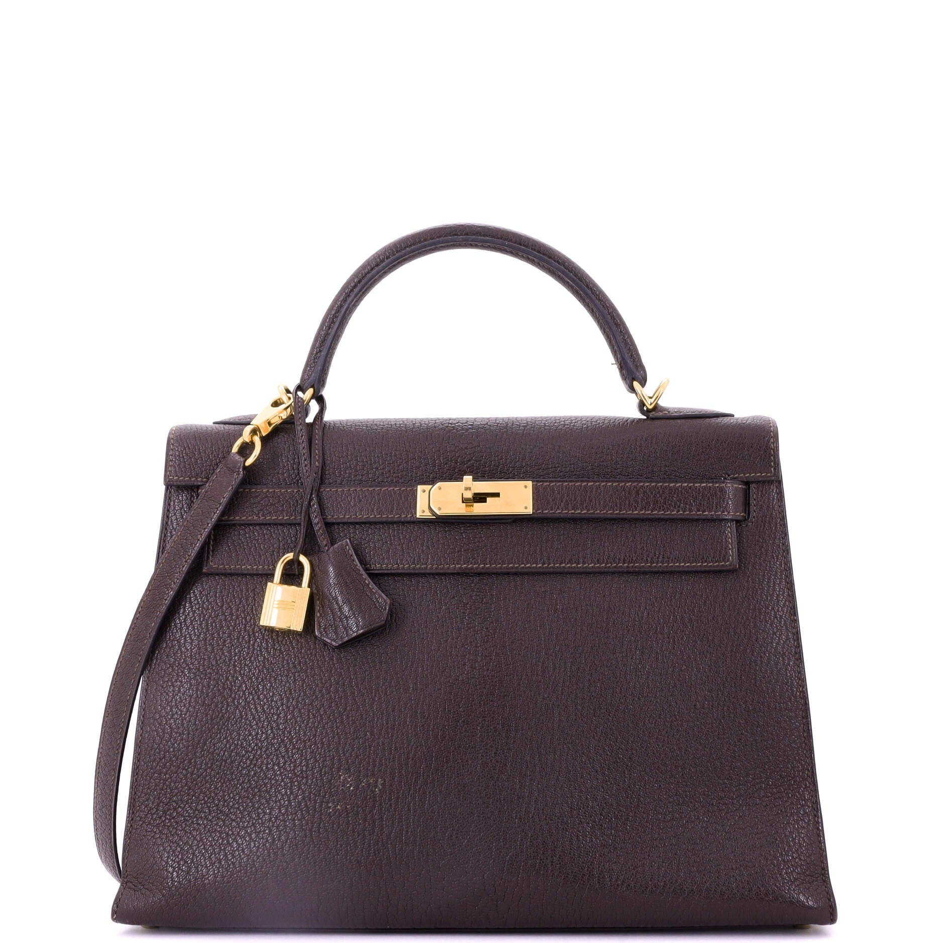 Pre-Owned Hermes Kelly Handbag Brown Chevre de Coromandel with Gold Hardware 32, Main, color, 