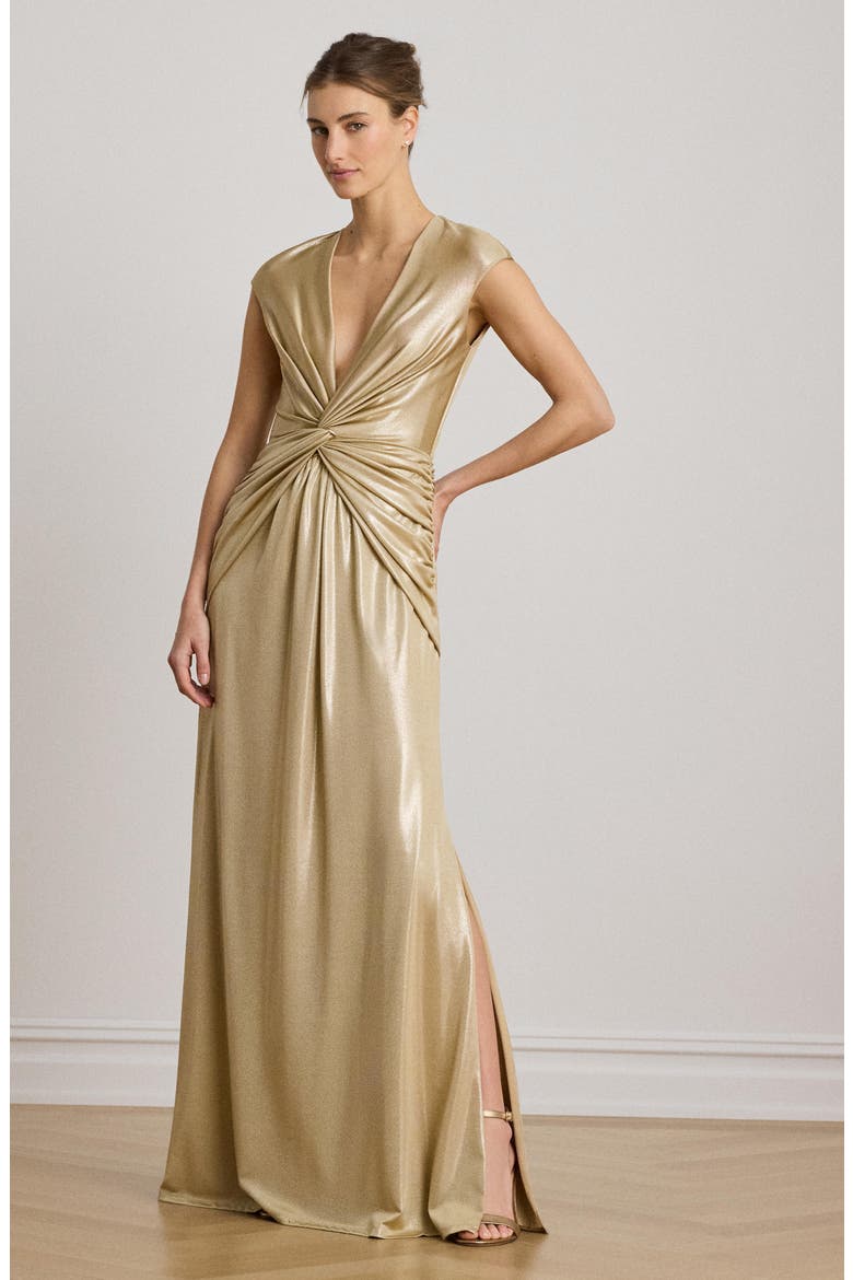Twist Front Metallic Cap Sleeve Gown, Alternate, color, BIRCH BEIGE/ GOLD FOIL
