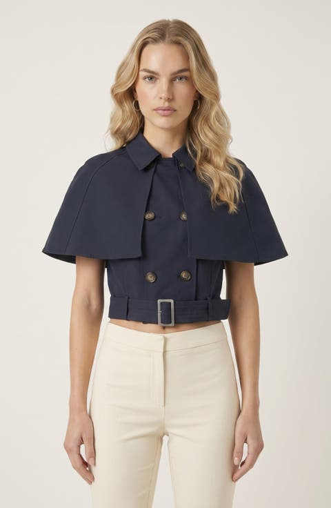Convertible Cape Trench Vest with Double Breasted Front and Belt