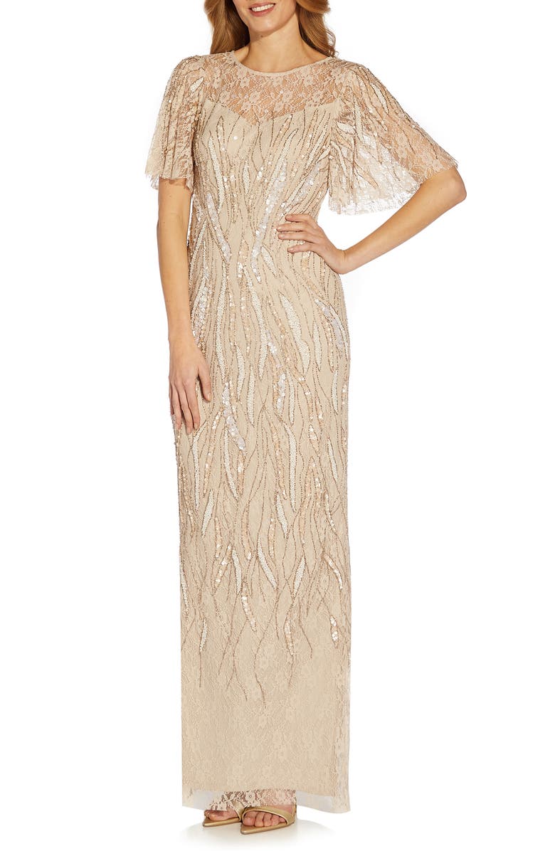 Adrianna Papell Beaded Flutter Sleeve Gown, Main, color,