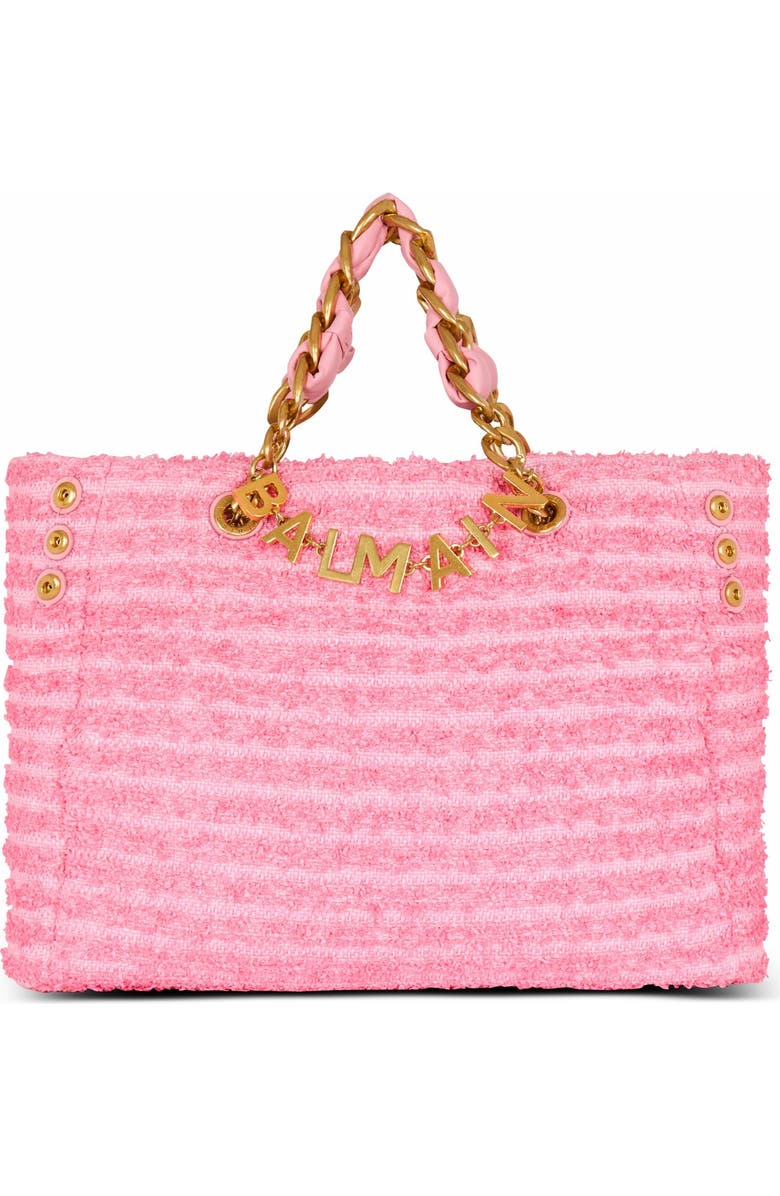 Balmain 1945 Soft Tote In Tweed-Effect Raffia, Main, color, Pink