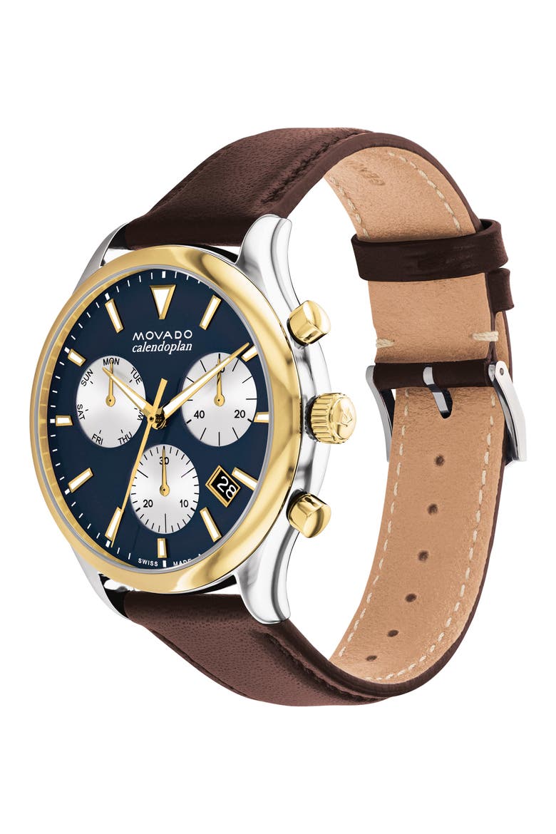 Heritage Calendoplan Chronograph Leather Strap Watch, 43mm, Alternate, color, BLUE