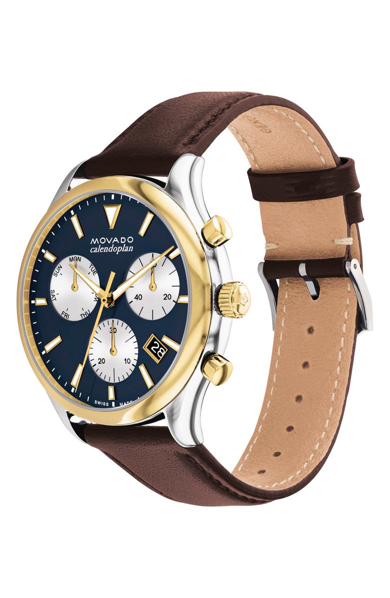 Movado Heritage Calendoplan Chronograph Leather Strap Watch, 43mm, Alternate, color,