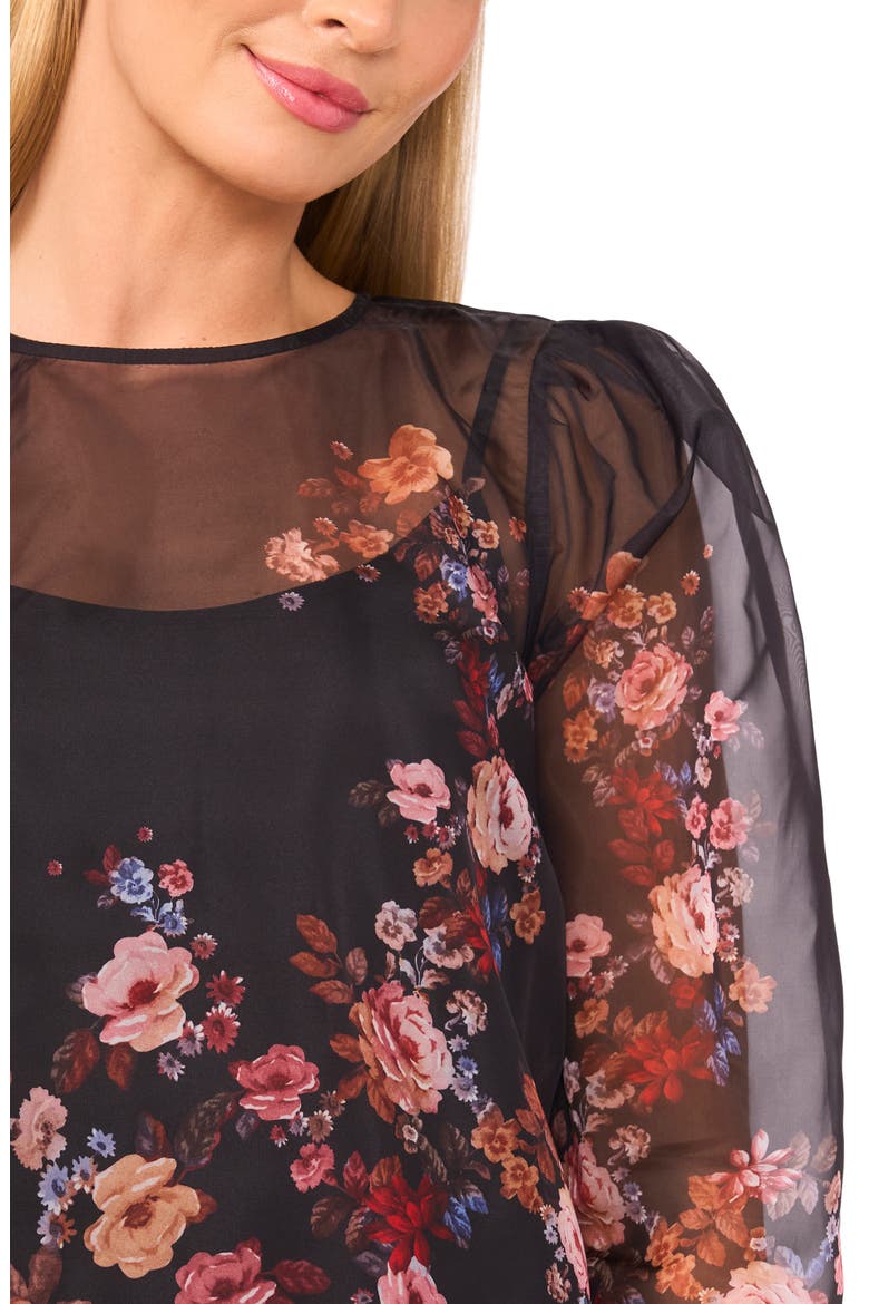 Floral Long Sleeve Organza Top, Alternate, color, RICH BLACK
