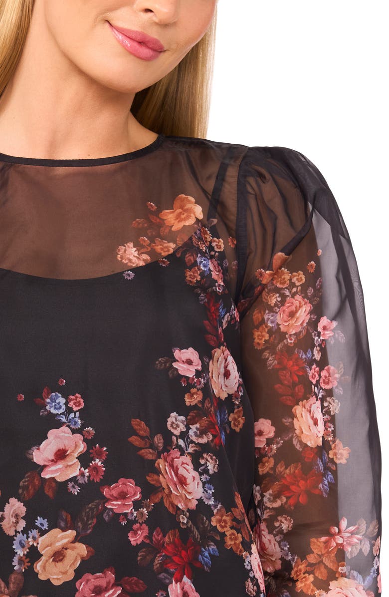 Ted Baker Floral Long Sleeve Organza Top, Alternate, color, Rich Black