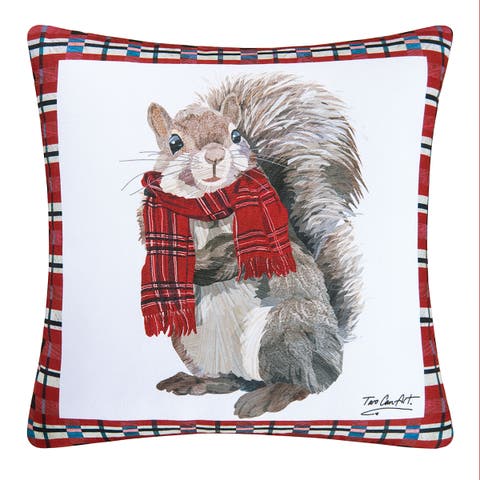 Christmas Squirrel Wearing Scarf Plaid Indoor/Outdoor Accent Throw Pillow 18" x 18"