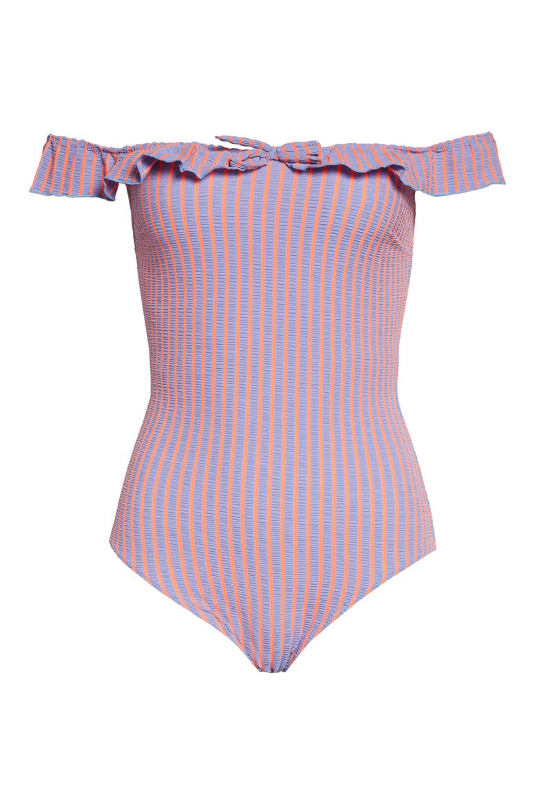 The Amelia Off the Shoulder One-Piece Swimsuit, Alternate, color, LAVENDER SEERSUCKER