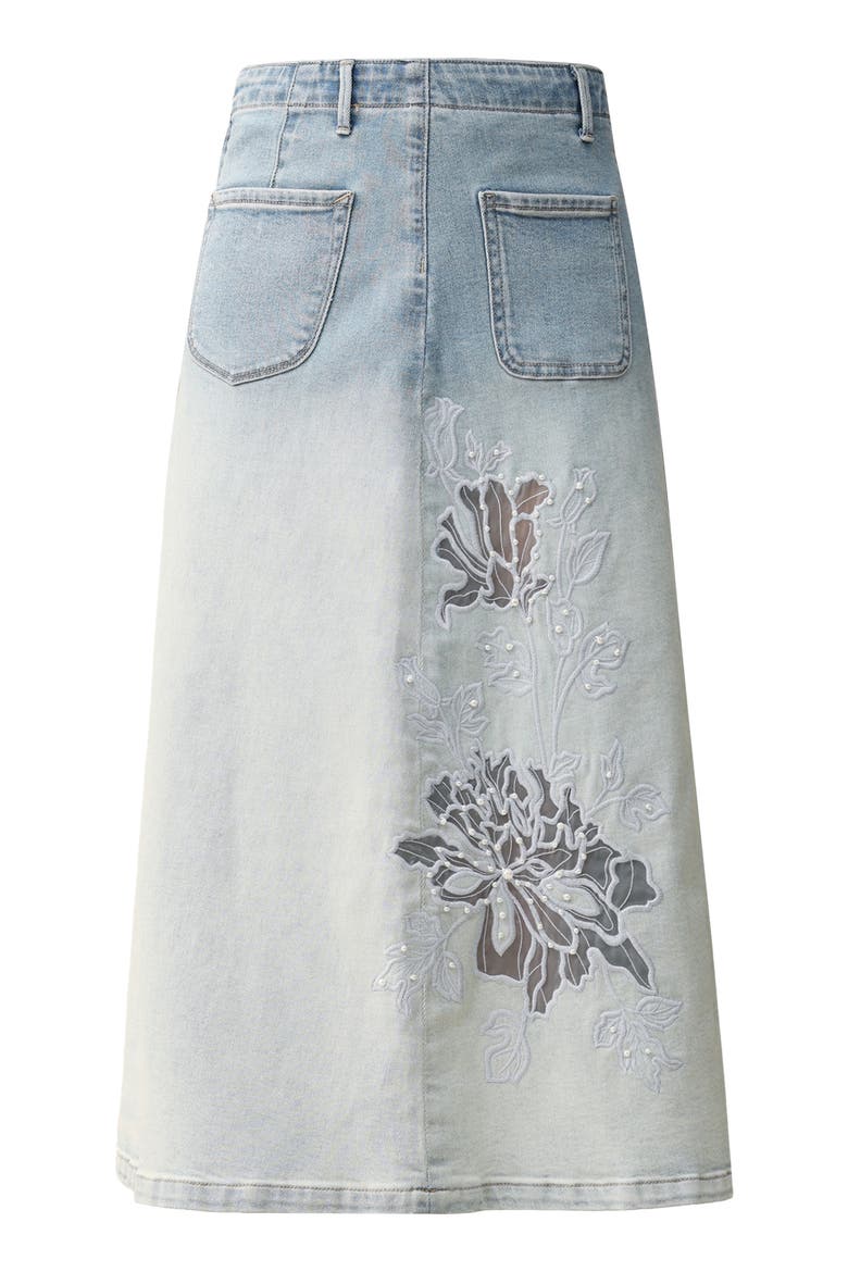 Caius Faux Pearl & Embroidery Detail Ombré Denim Skirt, Alternate, color, LIGHT BLUE